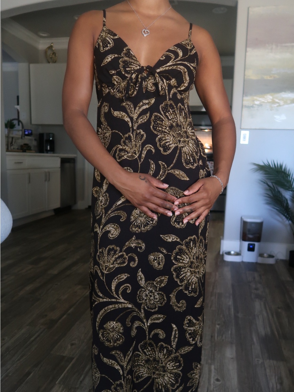 Black Maxi Slip Dress with Gold Floral Embroidery